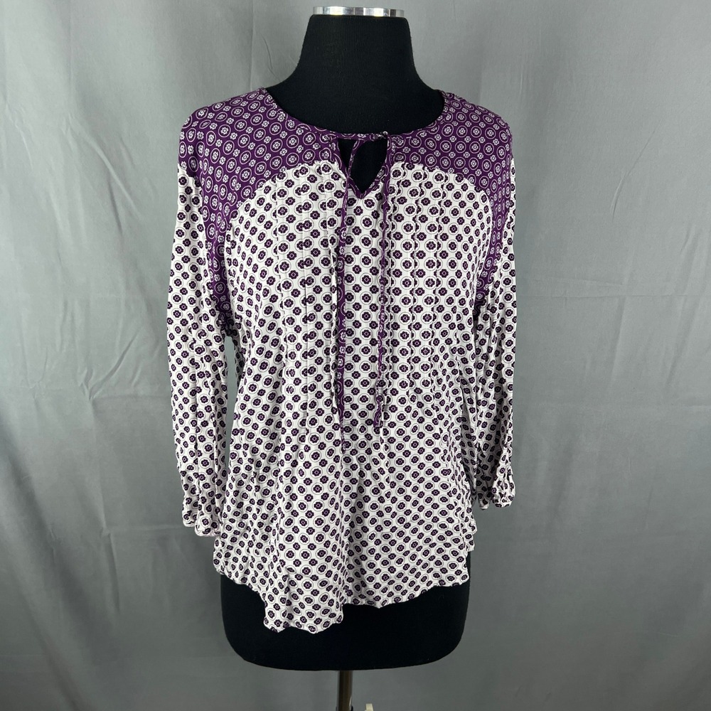 Laura Scott Blouse Top Womens XL Purple White Geometric Tie Front Quarter Sleeve